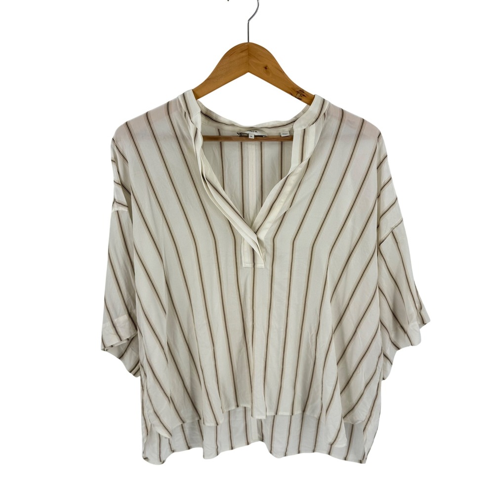 Vince Blouse Ivory Brown XL Striped 100% Silk Oversized V-Neck Minimalist